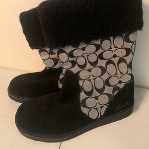Coach Kally Black Signature Winter Mid Calf Boots Black Faux Fur Trim Size 8.5 B